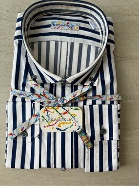 Brandolini Navy & White Vertical Stripe Dress Shirt